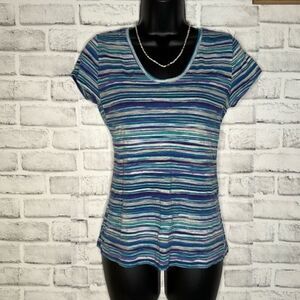 LOFT Blue & Purple Striped Short Sleeve Tee Shirt Top Size Small